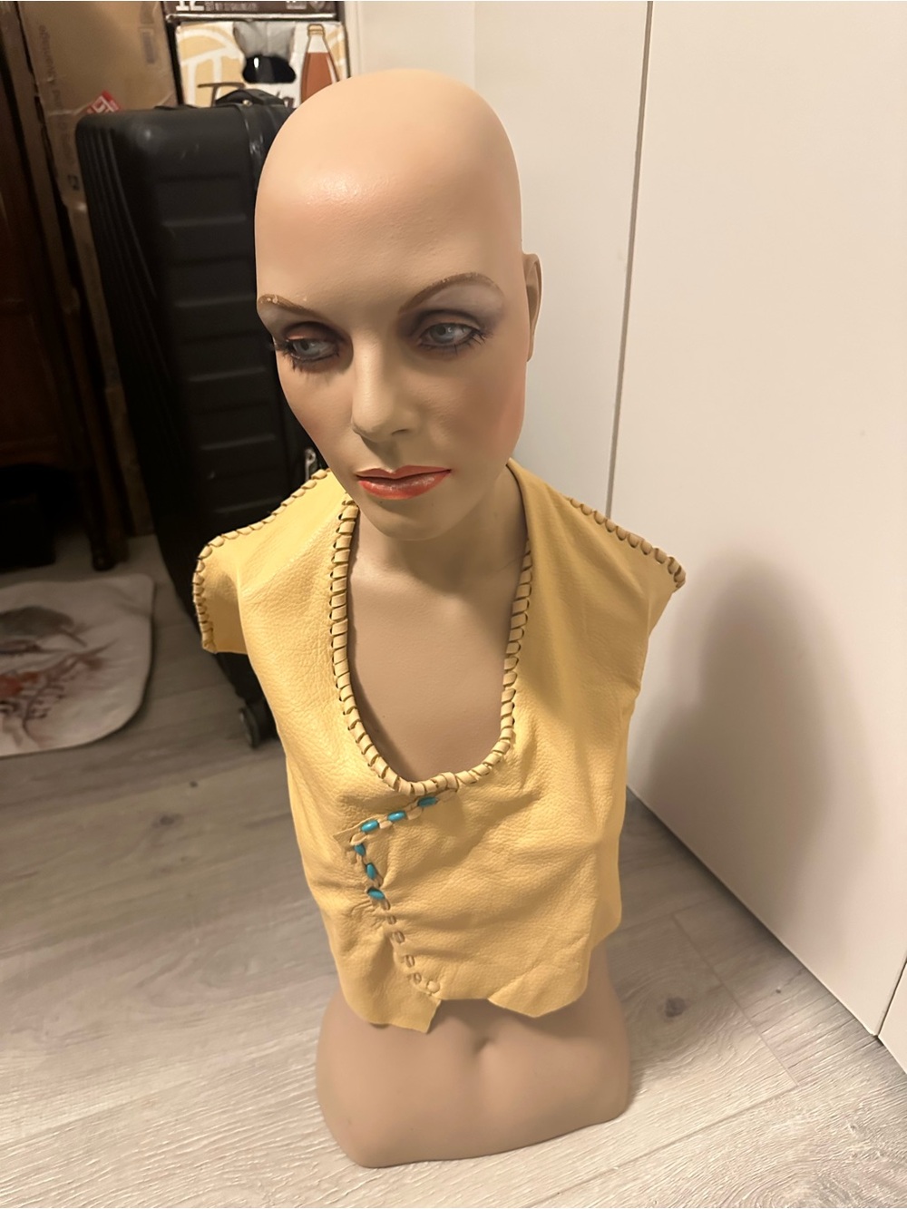 Hand Crafted Tan Elk Skin Leather V-Neck Camisole w/ genuine Turquoise Beads